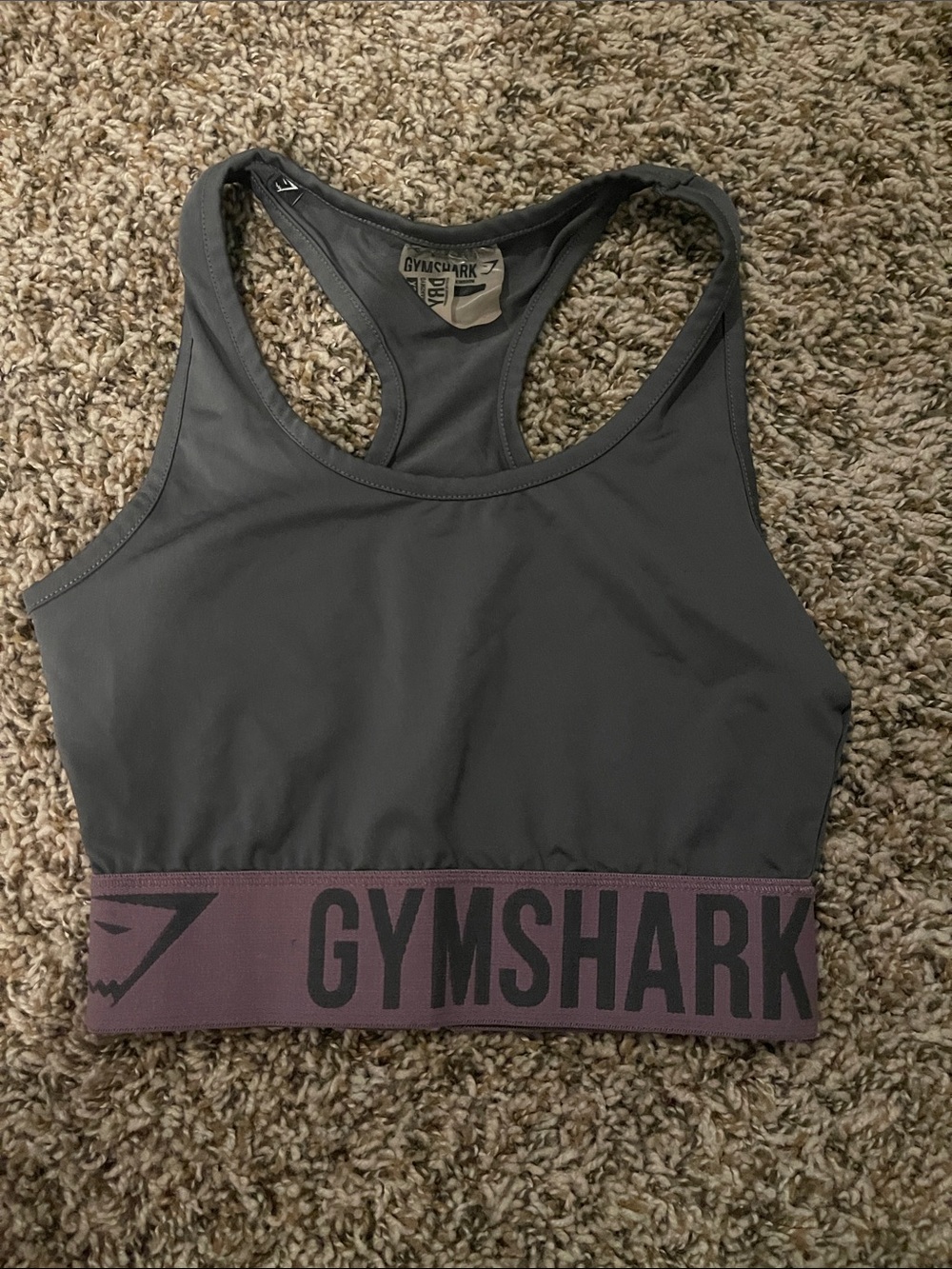 Gymshark Charcoal Gray Sports Bra with Mauve Logo Band
